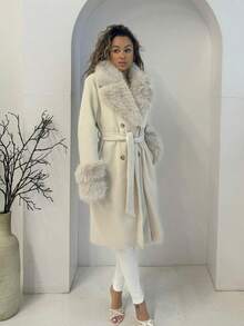 RebeccaVibe Fluffy Collar Thick Warm Long Belted Knitted Coat - Beige - View 6