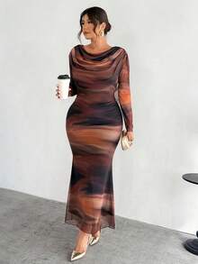 Firerie 大码优雅舒适派对、聚会、约会、舞会、假日等高端场合下午茶，弹力网纱荷叶边领口收腰长袖连衣裙，秋冬款 - 彩色 - 查看 7