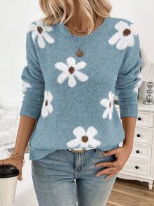 EMERY ROSE 女士休闲蓬松花朵图案圆领落肩长袖针织套头毛衣，秋冬款 - 淺藍色 - 查看 4