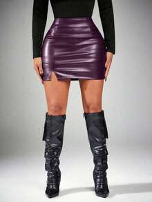 Radiana Women's Solid Color Slit Fitted Pencil Skirt, Suitable For Commuting - Purple - View 4