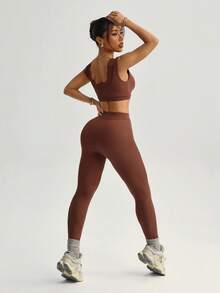 Dewbera Women's 2-In-1 U-Neck Sleeveless Top And Tight Leggings Set, Sexy Splice Design, Suitable For Sports, Casual, Yoga, Daily Wear Brown Yoga Set Y2k Leggings And Top Set Brown Workout Set Brown Athletic Set Tights Two Piece Set Women - Brown - View 3