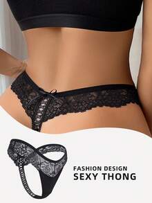SHEIN Sexy Lace Patchwork Women Thong Lingerie - Black - View 5