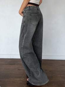 DAZY 女款寬鬆百搭牛仔褲，破洞撞色配口袋，日常休閒穿搭必備 - 深灰色 - 查看 6