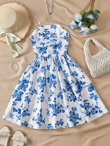 Sparklyn Teen GirlBlue Ruched Waist Layered Ruffle Hem Mini Dress, Vacation Style Holiday Outfit - Blue - View 3