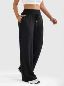 With My Calm Damskie spodnie do jogi z szerokimi nogawkami i kieszeniami bocznymi, z patchworkowym pasem, odpowiednie do uprawiania sportu, na zewnątrz i na siłownię - Czarne - Zobacz 6