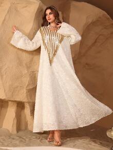 Layrah 时尚网纱刺绣亮片拼接流苏长袍 - 杏色 - 查看 8