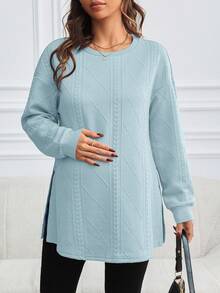 SHEIN Áo nỉ xẻ tà màu trơn đơn giản thời trang mùa thu cho bà bầu - Màu xanh nhạt - Xem 4