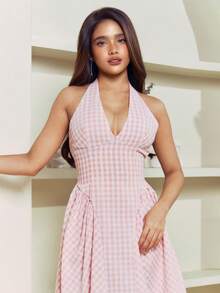 Criza Taa 女式系带格子休闲连衣裙 - 粉色 - 查看 3