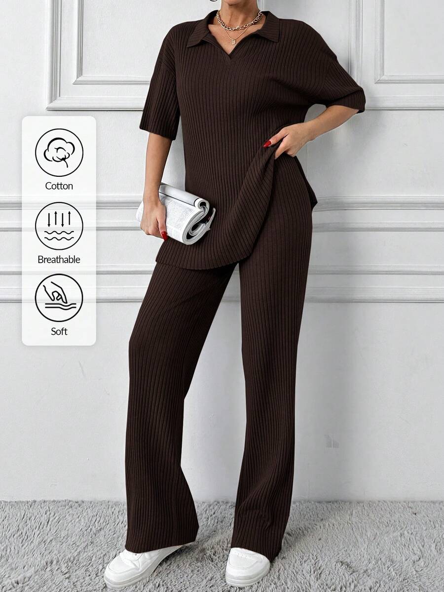 EURMUSE Cotton Two Pieces Set Polo Neck Top And Pant Set Rib Knit Fabric - Chocolate Brown - View 1