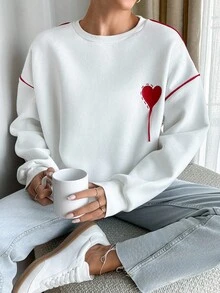 EURMUSE Cotton Red Heard Embroidered White Sweatshirt With Red Piping At Sleeves - White - View 3