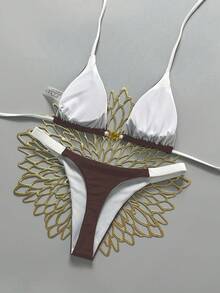 Swim Vcay Women's 2 Pieces Shell Decor Tie-Up Contrast Color Halter Bikini Set, Summer Beach Vacation - Brown - View 2