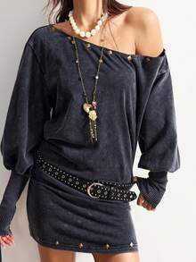 Bohemela Rochie mini casual din tricot, cu umeri asimetrici, în culoarea unui singur material, pentru femei - Negru - Vizualizare 6