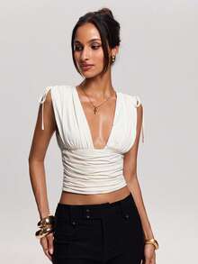 SHEIN BAE Débardeur sexy à col V profond plissé de couleur unie avec cordon de serrage, mode femme - Beige - Voir 5