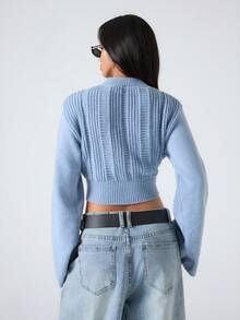 LYSMO Ladies' Cable Knitted Sweater, Stand Collar And Flared Sleeves In Fall/Winter - Baby Blue - View 2