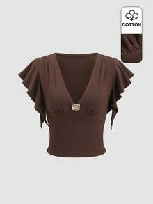 Sweetra 深V领棉混纺修身T恤，喇叭袖，春夏款 - 咖啡棕 - 查看 1