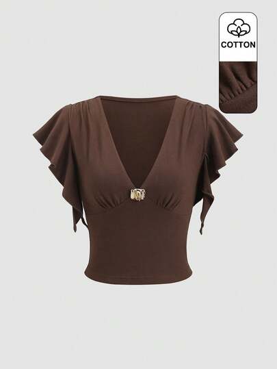 Sweetra 深V领棉混纺修身T恤，喇叭袖，春夏款