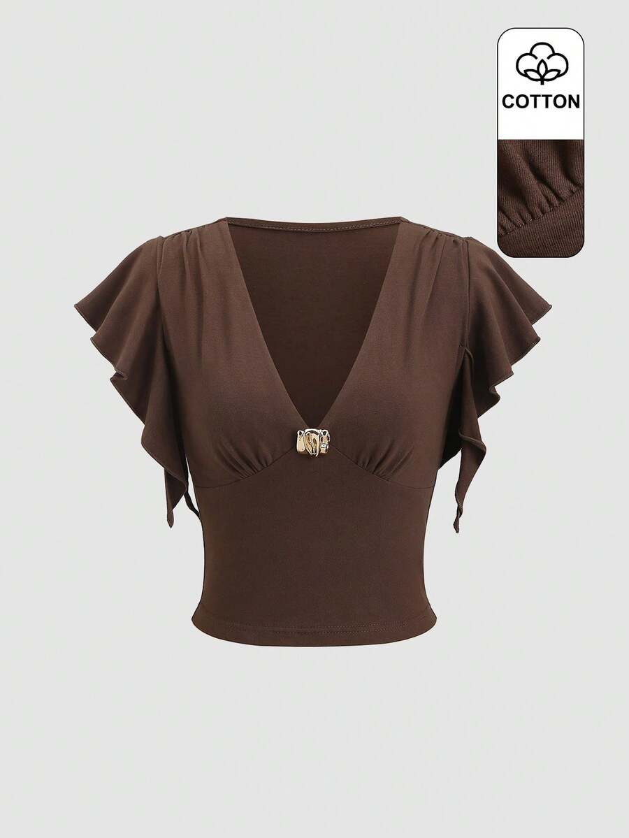 Sweetra 深V领棉混纺修身T恤，喇叭袖，春夏款 - 咖啡棕 - 查看 1