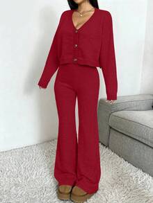 SHEIN EZwear 两件套女士休闲毛衣套装，适合秋冬季节，开衫和针织裤套装，安哥拉红 - 酒紅色 - 查看 3