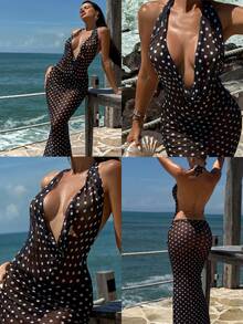 Swim Vcay 2026新款黑色底白色波点网纱泳衣罩衫，深V领露背设计，复古沙滩风 - 黑與白 - 查看 2