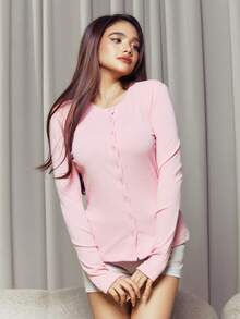 Criza Taa 罗纹纽扣长袖圆领上衣，休闲度假返校季秋季冬季圣诞节优雅款 - 粉色 - 查看 4