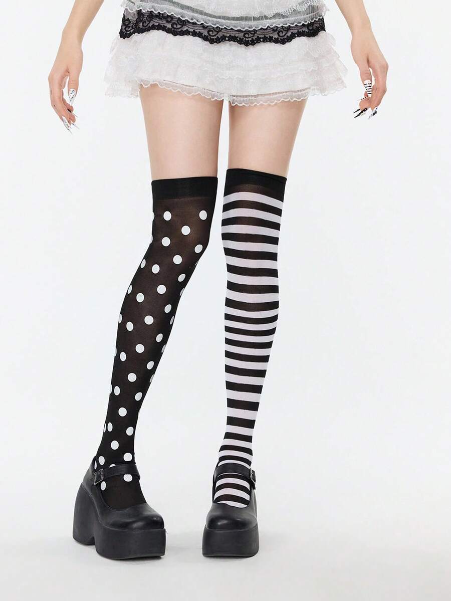 ROMWE Goth 女士过膝袜 - 黑白22色 - 查看 1