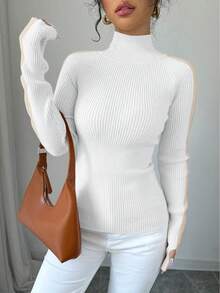 RosyDaze Contrast Color Collar Raglan Sleeve Slim Fit Basic Tee High Neck Top Ribbed Top Tight Tops Women's Turtleneck Mock Neck Top - White - View 3