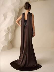 Coutiva Women's Sequin Patchwork Pleated Side Slit Hem Flowy Elegant Party Dress - Brown - View 3