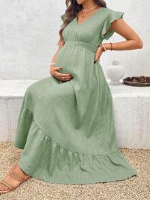 SHEIN Maternity Casual V-Neck Cap Sleeve Ruffle Hem Solid Color Dress - Green - View 6