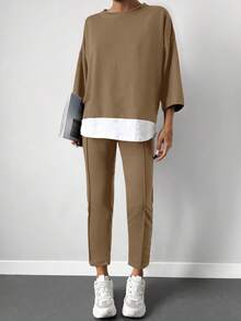 EURMUSE 90% Cotton Drop Shoulder 2 In 1 Tee & Seam Detail Pants - Camel - View 5