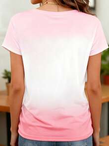 EMERY ROSE Women's Casual Romantic Gradient Peach Blossom Print Short Sleeve T-Shirt - Pink - View 2