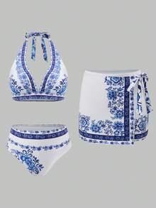 Swim Oasis 2026 New Women's Swimwear Arrival Blue & White Porcelain Print Luxury Women's Swimsuit Set, Vacation & Beach For School,Suitable For Holiday, Date, Afternoon Tea, Western, Cruise, Beach, Island, Road Trip, All Seasons, Music Festival, Boho Vacation,Bohemian Vacation, Chill Autumn ,Western Boho ,Elegant Tops For Women Women's 2 Pieces Summer Outfit 2 Pieces Vacation Set Women Women's Shorts Sets Women's 2 Pieces Summer Outfits Festival Two Pieces Outfit Women's Two Pieces Summer Outfits Halter Top And Shorts Set Women's 2 Pieces Vacation Set Women's 2 Pieces Beach Outfit Halter Top And Skirt Set Blue And White Floral Print Two Pieces Women's 2 Pieces Summer Outfit 2 Pieces Vacation Set Women Women's Two Pieces Summer Outfits Festival Two Pieces Outfit 2 Pieces Beach Outfit Blue And White Floral Outfit Women's 2 Pieces Beach Outfit 2 Pieces Outfit Women's 2 Pieces Summer Outfit 2 Pieces Vacation Set Women 2 Pieces Beach Outfit Halter Neck Bikini Floral Print Skirt Set - Multicolor - View 2