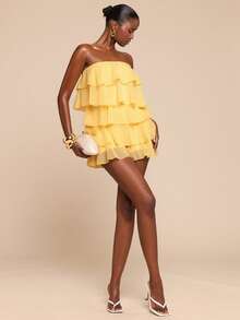 SHEIN BAE Yellow Cream Ruffled Hem Elegant Jumpsuit, Spring/Summer - Yellow - View 6