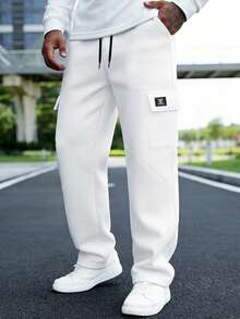 Manfinity Homme 男士白色抽绳腰带翻盖口袋休闲运动裤 - 白色 - 查看 1