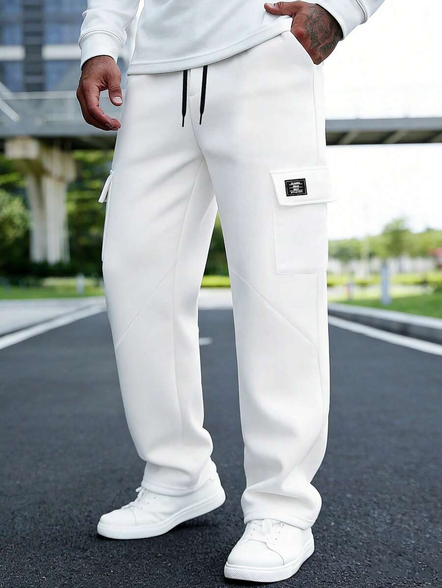 Manfinity Homme 男士白色抽绳腰带翻盖口袋休闲运动裤 - 白色 - 查看 1