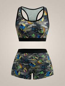 SHEIN How to Train Your Dragon Bộ áo ngực và quần đùi họa tiết hoạt hình thời trang nữ - Màu xanh Ô liu - Xem 1
