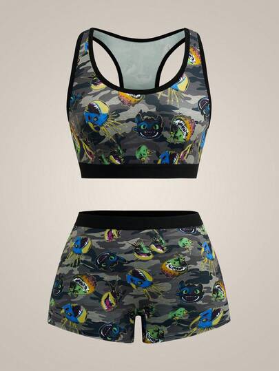 SHEIN How to Train Your Dragon 女士时尚卡通图案露背文胸和短裤套装