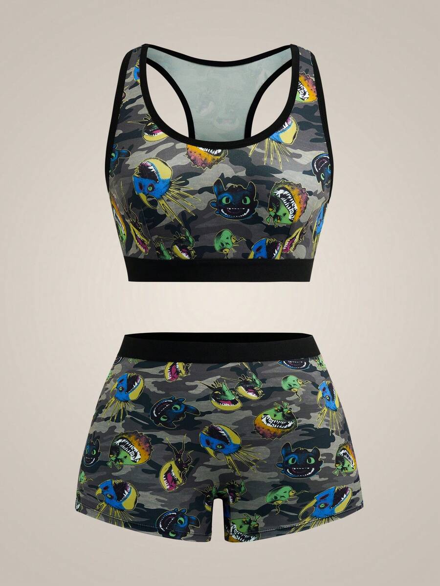 SHEIN How to Train Your Dragon Bộ áo ngực và quần đùi họa tiết hoạt hình thời trang nữ - Màu xanh Ô liu - Xem 1