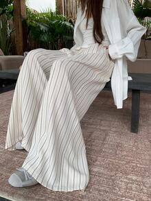 DAZY Women's Casual Loose Striped Wide Leg Pants, Spring/Summer, Korean Style - Beige - View 8