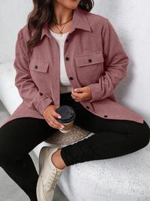SHEIN LUNE 大码休闲纯色口袋前开襟纽扣夹克，秋季款 - 藕粉色 - 查看 1