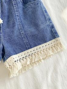 SHEIN Vintaside Kids 2pcs/Set Tween Girls' Sweet & Cute Blue And Orange Textured Fabric Embroidered Floral Pattern Denim Fringe Shorts Set,Funny Summer Vacation Holiday - Pink - View 9