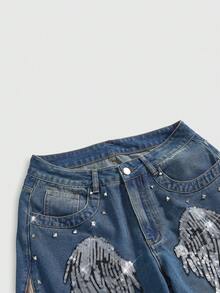 ROMWE J-Fashion 女士复古朋克街头风音乐节PU拼接翅膀亮片刺绣阔腿牛仔裤 - 藍色 - 查看 3