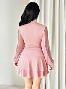 Vavine Váy ngắn tay dài đính hạt, cổ lọ xếp ly, màu tương phản, dành cho nữ, dự tiệc và ban ngày, thu/đông - Hồng - Xem 2