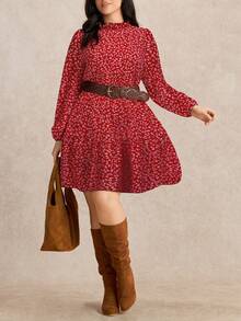 SHEIN LUNE Elegant Vintage French Style Ditsy Floral Ruffle Hem Waist Cinched Casual Dress, Suitable For Work, Autumn/Winter - Red - View 3