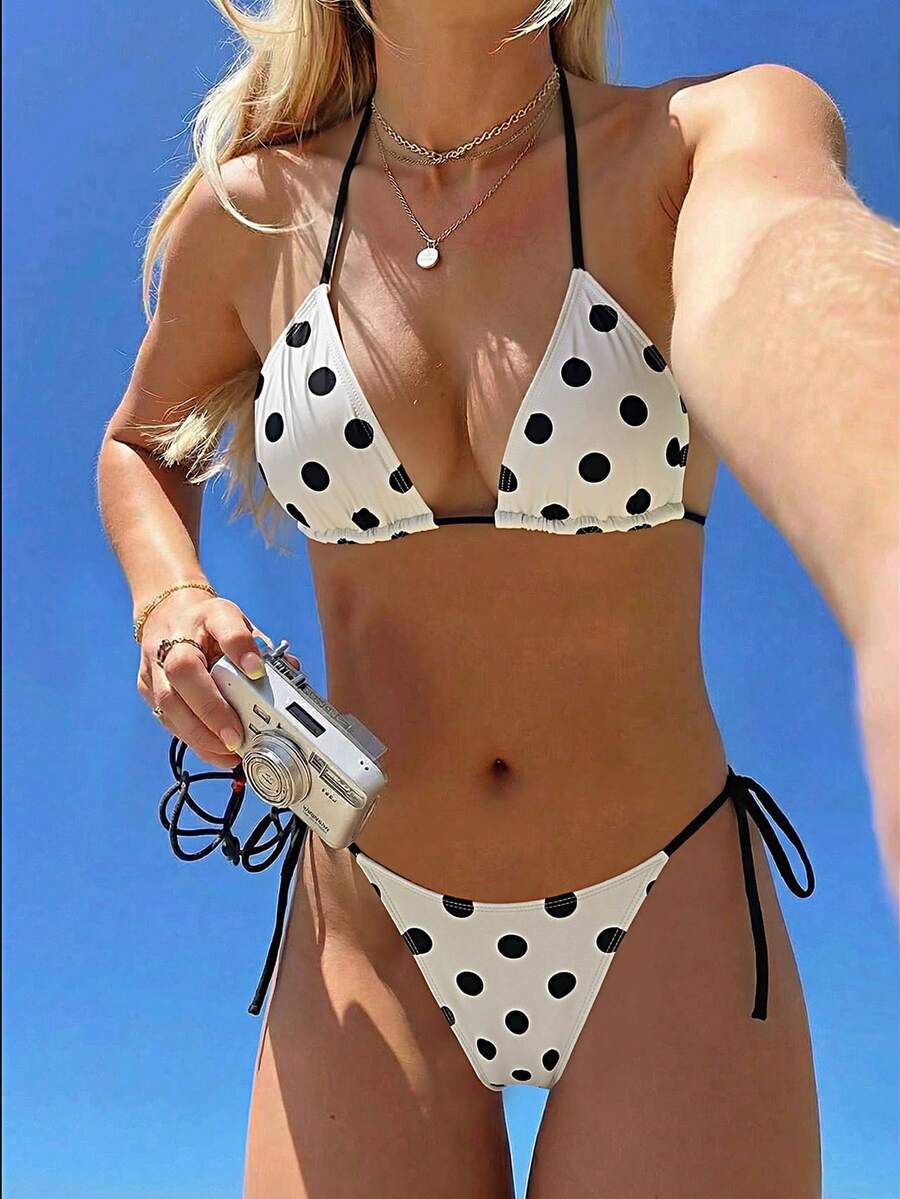 Swim Mod 2026 Spring/Summer Women's Spaghetti Strap Halter Neck White Base Black Polka Dot Random Print Sweet Cute Side Tie Bikini Two Pieces Swimsuit - Black and White - View 1