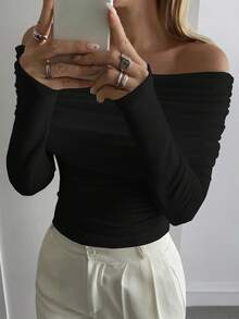 DAZY Women's Off Shoulder Fitted T-Shirt, Autumn/Winter New Arrival Long Sleeve - Black - View 5