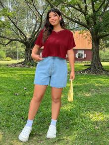 SHEIN EZwear 大码女式纯色圆领短袖露脐休闲T恤 - 紅色 - 查看 3