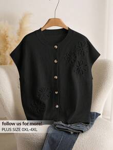 CosyJoli Cárdigan informal de talla grande con mangas de murciélago y flores 3D tejidas a mano - Negro - Ver 1