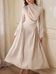 Vintamour Đầm nữ cổ điển thanh lịch có túi, cổ lửng, thích hợp mặc đi làm, đi nghỉ mát hoặc dự tiệc. - Màu be - Xem 2