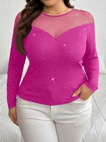 SHEIN Privé Áo kiểu tay dài phối sequin và lưới, cỡ lớn, lấp lánh, thanh lịch, thích hợp cho tiệc tùng, trà chiều, hẹn hò, hòa nhạc, công sở, kỳ nghỉ, năm mới. - Màu Hồng Tươi - Xem 6