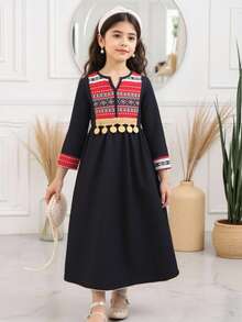 Young Girls Patchwork Geometric Print Long Sleeve Dress,Sequin & Tassel Trim,Elegant Black Autumn Traditional Party Dress For Girls,Casual Outfit - Black - View 3
